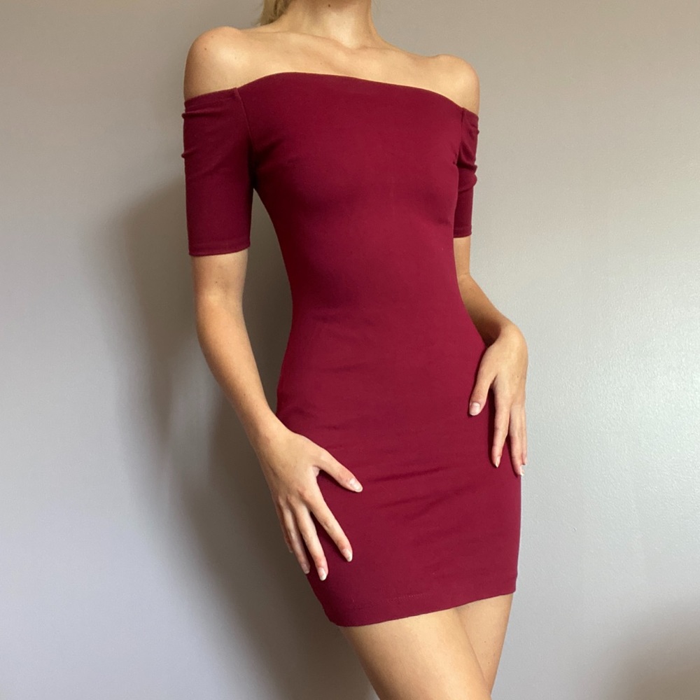 red mini bodycon off the shoulder dress